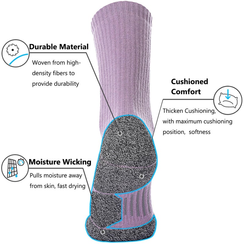 CWVLC Hiking Crew Socks, 4-Pack Men Women Boot Socks for Walking, Hunting, Camping, Winter Outdoor Work, Cosy Cushion, Moisture Wicking, Arch Compression, Anti Blister, Medium, Blue Purple - Image 4